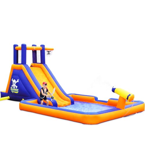 Blast Zone Buccaneer - 20' Long Inflatable Water Park - Blower - Climbing Wall - Large Splash Area - Spray Canon - Set Up in Seconds